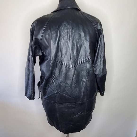 Women's Soft Leather Coat Size L Black Wide Lapel Long Jacket Retro 90s Vintage - Picture 5 of 16